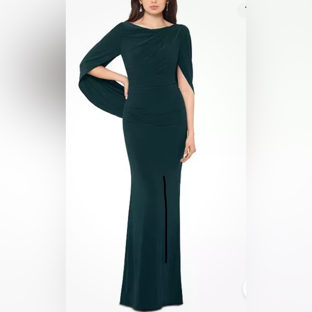 Betsy & Adam New Drape Sleeve Trumpet Green Gown Size 8